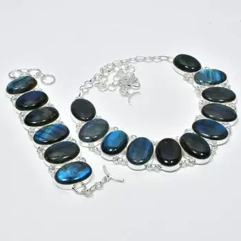 Натуральный драгоценный камень лабрадорит, ручная работа, серебряные украшения 925 пробы, браслет-колье с лабрадоритом, комплект старинных ювелирных изделий, пасхальные подарки 20 синий