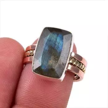 Натуральный драгоценный камень лабрадорит, стерлинговое серебро 925 пробы, двухцветное кольцо, размер 7 E6T41