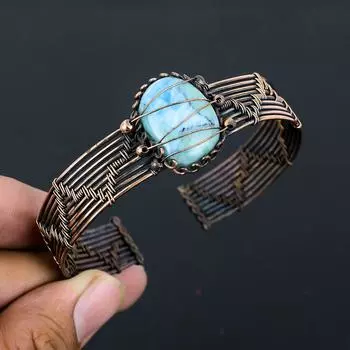 Натуральный драгоценный камень Ларимар, браслет ручной работы из медной проволоки, регулируемый C4h94