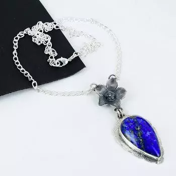 Натуральный драгоценный камень лазурит, ручная работа, серебро 925 пробы, гальванопластика, цветок, лазурит, серебро для жены, унисекс, кулон, праздничная одежда, подарки 20 синий
