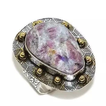 Натуральный драгоценный камень лепидолит, двухцветное кольцо из стерлингового серебра 925 пробы, размер 7 d0f03