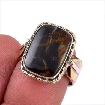 Натуральный драгоценный камень Питерсит, твердое серебро 925 пробы, двухцветное кольцо, размер 7 F5V24