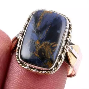 Натуральный драгоценный камень Питерсит, твердое серебро 925 пробы, ювелирные изделия, двухцветное кольцо, размер 9US b3E43
