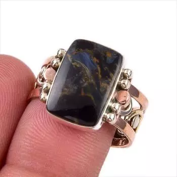 Натуральный драгоценный камень Питерсит, твердое серебро 925 пробы, двухцветное кольцо, размер 9 V1u09