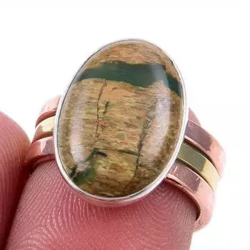 Натуральный драгоценный камень риолит 925 пробы сплошное серебряное ювелирное изделие двухцветное кольцо размер 6.5US W6b16