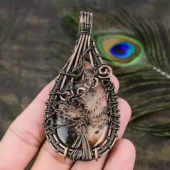 Натуральный драгоценный камень родохрозит, подвеска ручной работы из медной проволоки 3,62 P3A09