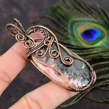 Натуральный драгоценный камень родохрозит, подвеска ручной работы из медной проволоки 3,35 P1c55