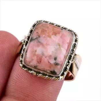 Натуральный драгоценный камень родонит, твердое серебро 925 пробы, двухцветное кольцо, размер 8,5 q2c11