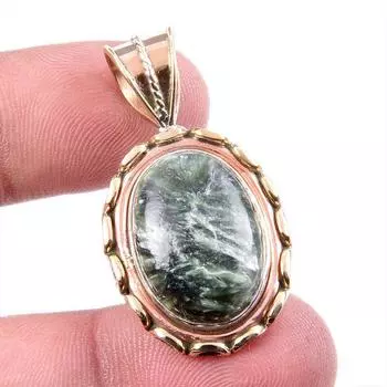 Натуральный драгоценный камень серафинит, стерлинговое серебро 925 пробы, двухцветный кулон 1,5 дюйма, J1j99