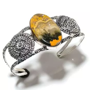 Натуральный драгоценный камень шмель-яшма, стерлинговое серебро 925 пробы, браслет-манжета, регулируемый. k9O23