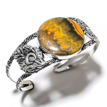 Натуральный драгоценный камень шмель-яшма, стерлинговое серебро 925 пробы, браслет-манжета, регулируемый. b5l09