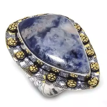 Натуральный драгоценный камень содалит из стерлингового серебра 925 пробы, подарочное двухцветное кольцо, размер 9 R7R32