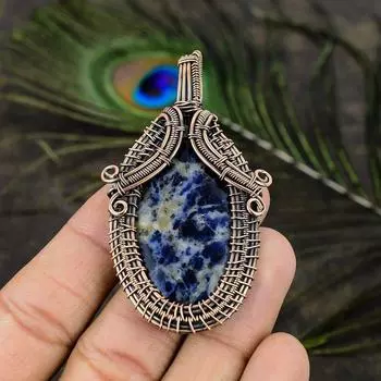 Натуральный драгоценный камень содалит, подарочная подвеска ручной работы из медной проволоки, 2,76 дюйма, O4D65