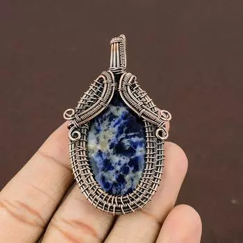 Натуральный драгоценный камень содалит, подарочная подвеска ручной работы из медной проволоки, 2,76 дюйма, I7Q24