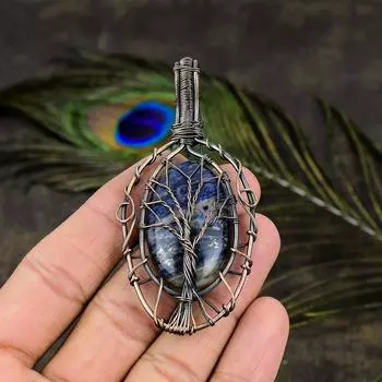 Натуральный драгоценный камень содалит, подарочная подвеска ручной работы из медной проволоки, 3,15 дюйма, u2g18