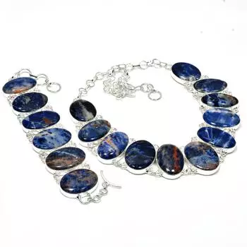 Натуральный драгоценный камень содалит, ручная работа, серебряные украшения 925 пробы, браслет-колье с содалитом, комплект старинных ювелирных изделий, подарок на День матери 20 синий