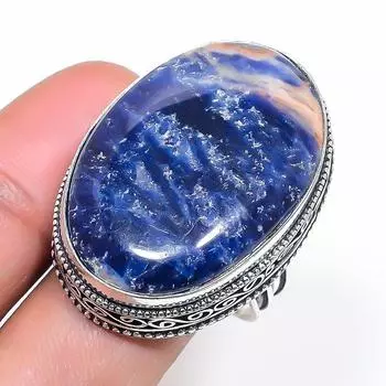 Натуральный драгоценный камень содалит, ручная работа, ювелирное кольцо из стерлингового серебра 925 пробы, размер 10 m9u01