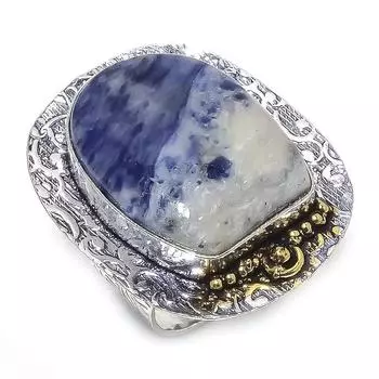 Натуральный драгоценный камень содалит, стерлинговое серебро 925 пробы, подарочное двухцветное кольцо, размер 9 l2Q52