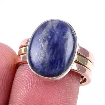 Натуральный драгоценный камень содалит, твердое серебро 925 пробы, ювелирные изделия, двухцветное кольцо, размер 7,5US K8H09
