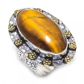 Натуральный драгоценный камень Тигровый глаз из стерлингового серебра 925 пробы, подарочное двухцветное кольцо, размер 9 L8h10