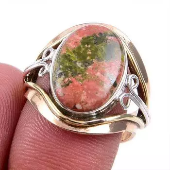 Натуральный драгоценный камень унакит 925 сплошное серебряное ювелирное изделие двухцветное кольцо размер 7.5US F2V23