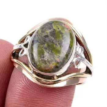 Натуральный драгоценный камень унакит 925 сплошное серебряное ювелирное изделие двухцветное кольцо размер 7.5US F9S19