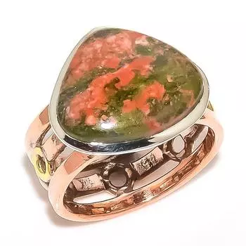 Натуральный драгоценный камень унакит, двухцветное твердое серебро 925 пробы, подарочное кольцо S.9 d6p10