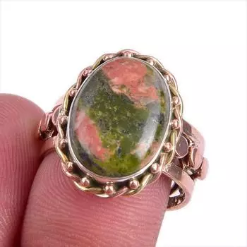 Натуральный драгоценный камень унакит, двухцветное ювелирное кольцо из стерлингового серебра 925 пробы, размер 7,5 V5C48