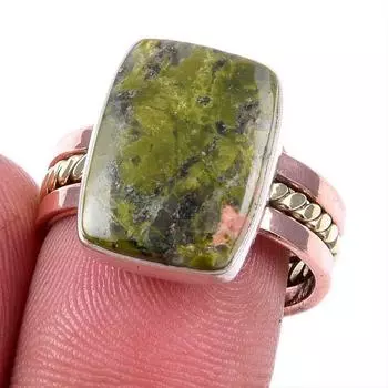 Натуральный драгоценный камень унакит, ручная работа, серебряное двухцветное подарочное кольцо 925 пробы 8US g1v36
