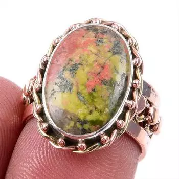 Натуральный драгоценный камень унакит, ручная работа, серебряное двухцветное подарочное кольцо 925 пробы 6US h6L66