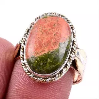Натуральный драгоценный камень унакит, ручная работа, серебряное двухцветное подарочное кольцо 925 пробы 8US O4s91