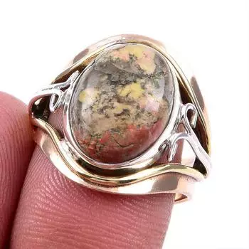 Натуральный драгоценный камень унакит, ручная работа, серебряное двухцветное подарочное кольцо 925 пробы 7US i8l63