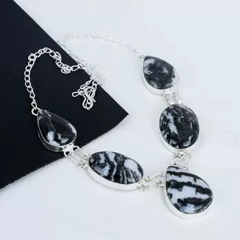 Натуральный драгоценный камень зебра яшма ручной работы ожерелье из стерлингового серебра 925 пробы, серебряное ожерелье из зебровой яшмы для жены, ожерелье унисекс подарок на День благодарения 20 чёрный