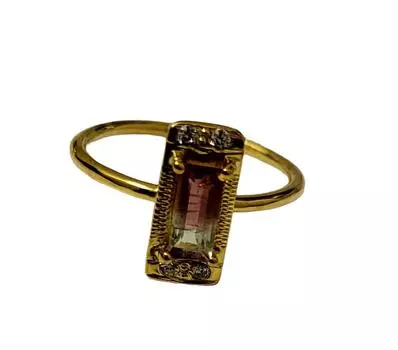 Натуральный двухцветный турмалин-багет, драгоценный камень, стерлинговое серебро 925 пробы, фианиты, размер кольца 6, США 6 US