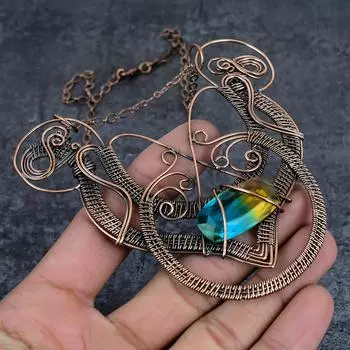 Натуральный двухцветный турмалин, медная проволока, подарочное ювелирное ожерелье, 18 дюймов p8I89