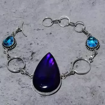 Натуральный фиолетовый лабрадорит, топаз, драгоценный камень, браслет из стерлингового серебра 925 пробы, 7–8 дюймов, T4K03