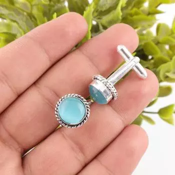 Натуральный голубой камень «кошачий глаз» серебро 925 пробы ручной работы мужские запонки 0,51 CL-3-27