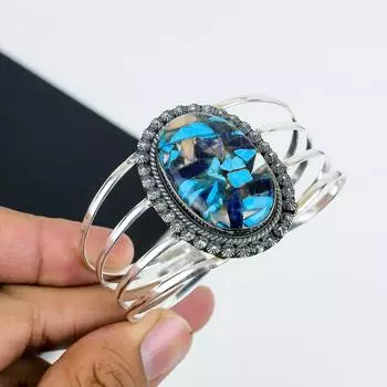 Натуральный голубой медный бирюзовый драгоценный камень ручной работы из стерлингового серебра 925 пробы, голубой медный бирюзовый браслет, для жены, унисекс-браслет, подарки для жены 6 синий