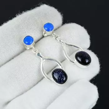 Натуральный голубой солнечный камень, серьги с синим халцедоном, серьги из стерлингового серебра 925 пробы, серьги-подвески из серебра ручной работы в стиле бохо, подарки на годовщину 1.96 синий