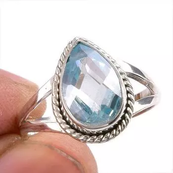 Натуральный голубой топаз драгоценный камень ручная работа 925 чистое серебро ювелирное изделие кольцо размер 7.5 Q7b84