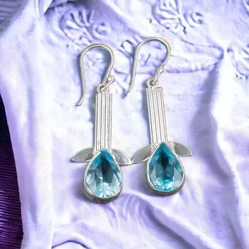 Натуральный голубой топаз, драгоценный камень, серьги из стерлингового серебра 925 пробы, красивые ювелирные украшения, серьги EE-36-2
