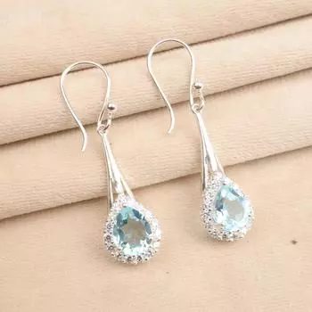 Натуральный Голубой Топаз Драгоценный Камень Серебро 925 пробы Ювелирные Изделия Циркон Серьги 1.86 CZE-7-11