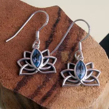 Натуральный голубой топаз Gemstone Lotus Earring 925 Sterling Silver Handmade Women Jewelry
