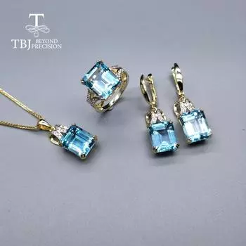 Натуральный хороший цвет BB, небесно-голубой топаз, комплект украшений, кольца, ожерелья и серьги, изысканные ювелирные изделия из серебра 925 пробы для женщин с подарочной коробкой us ring size 6# синий