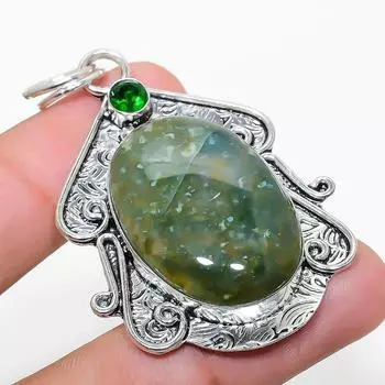 Натуральный индийский моховой агат, диопсид, серебро 925 пробы, 2,29 дюйма, P5b81