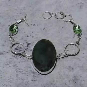 Натуральный индийский моховый агат, перидот, браслет из стерлингового серебра 925 пробы, 7-8 дюймов u2C19