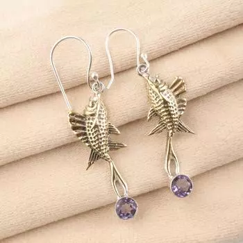 Натуральный иолит драгоценный камень 925 стерлинговое серебро ювелирные изделия ручной работы серьги-рыбки 2,17 EE-148-5