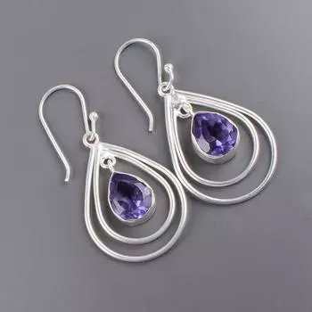 Натуральный иолит Драгоценный камень 925 Стерлинговое серебро Ювелирные изделия ручной работы Серьги-крючки 2,00 EE-34-6