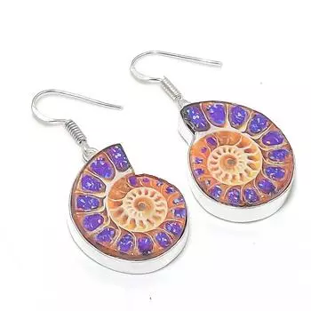 Натуральный ископаемый аммонит драгоценный камень 925 стерлинговое серебро ювелирные изделия серьга 1.81 T3o98