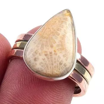 Натуральный ископаемый коралл драгоценный камень 925 стерлингового серебра ювелирные изделия двухцветное кольцо S.8 T9V50